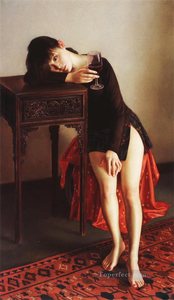 Girl drinking red wine Chinese Girls Oil Paintings